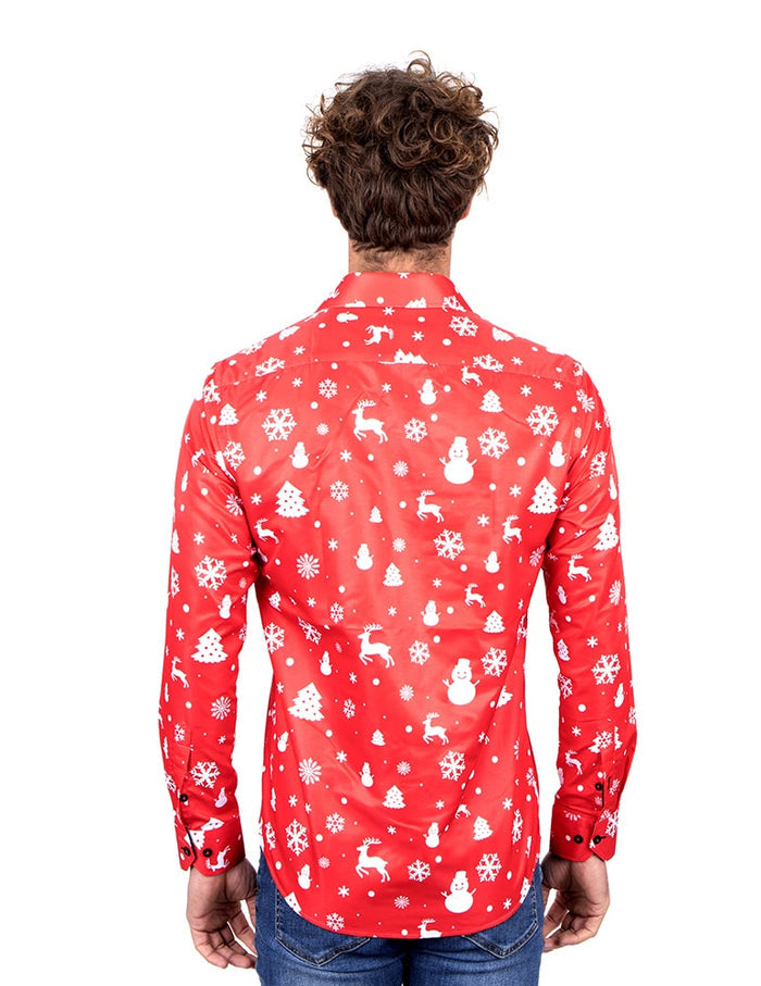 Red Snowflake Christmas Snowman Print Men's Shirt-Makrom