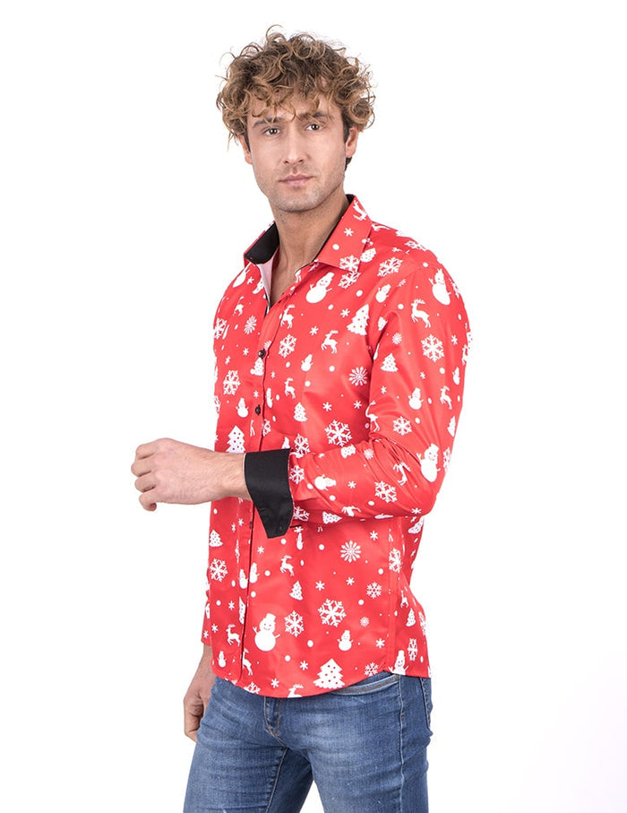 Red Snowflake Christmas Snowman Print Men's Shirt-Makrom