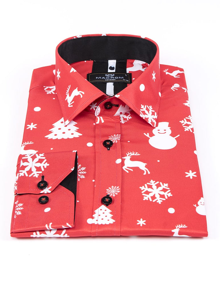 Red Snowflake Christmas Snowman Print Men's Shirt-Makrom