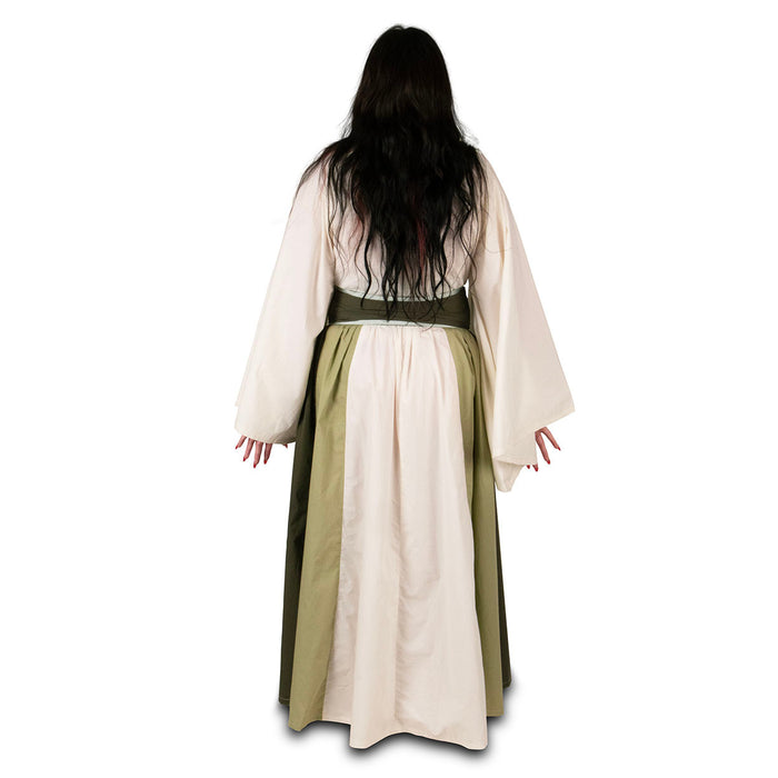 Renaissance Corset Dress has skirt with panels in dark green, medium green and off white and has a corset with leather lacing