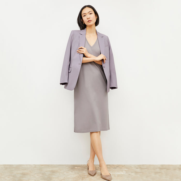 Front image of a woman wearing the Renee Dress - Pima Cotton in Wisteria | Lead