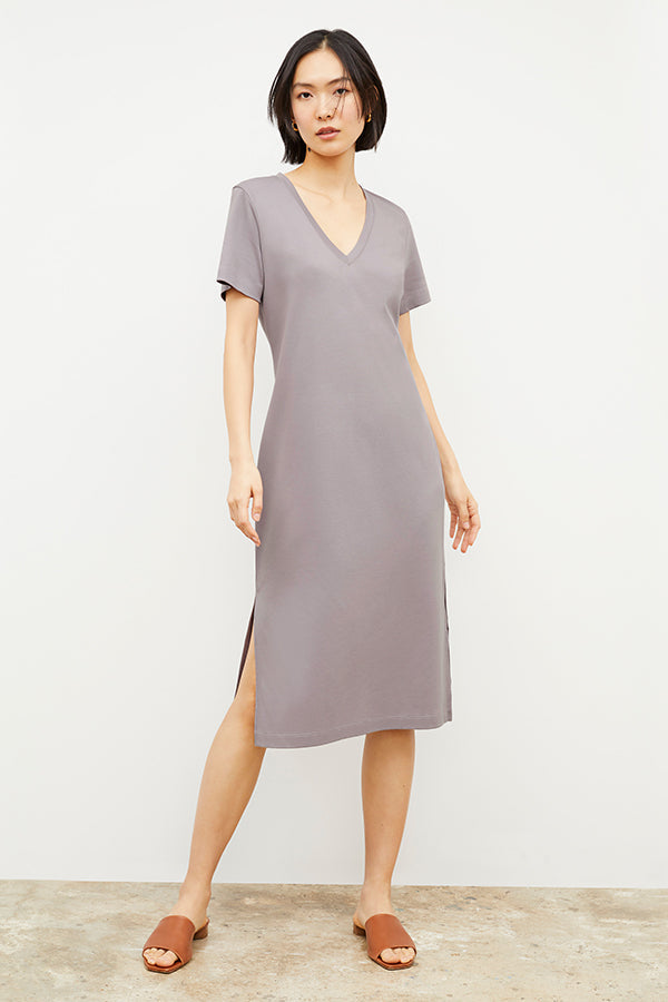 Front image of a woman wearing the Renee Dress - Pima Cotton in Wisteria | Grid | Exclude