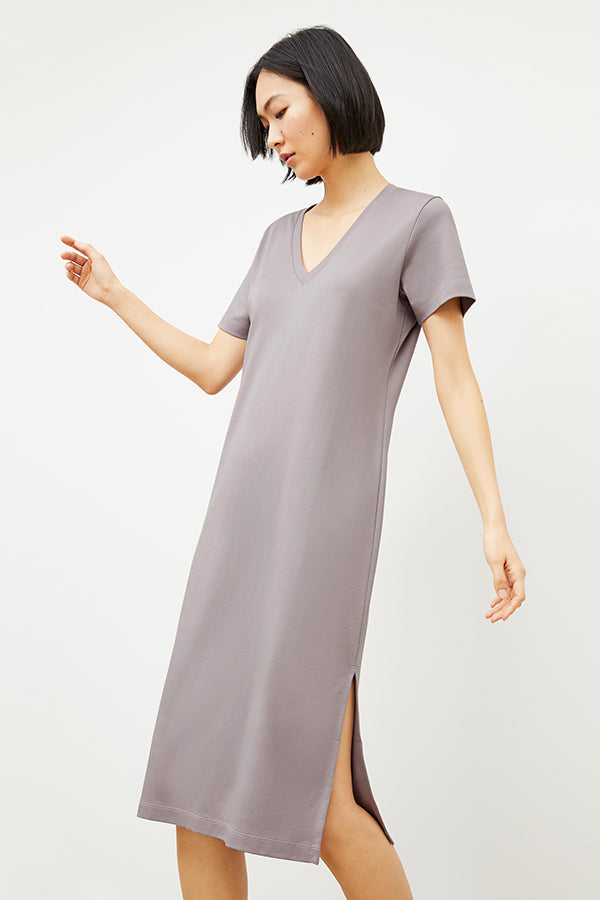 Side image of a woman wearing the Renee Dress - Pima Cotton in Wisteria | Grid Hover | Exclude