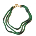 Green tie-dye inspired three-strand rhinestone necklace with sparkling layered strands.