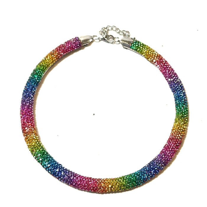Rainbow rhinestone choker necklace with colorful high-shine crystals in a bold collar silhouette.