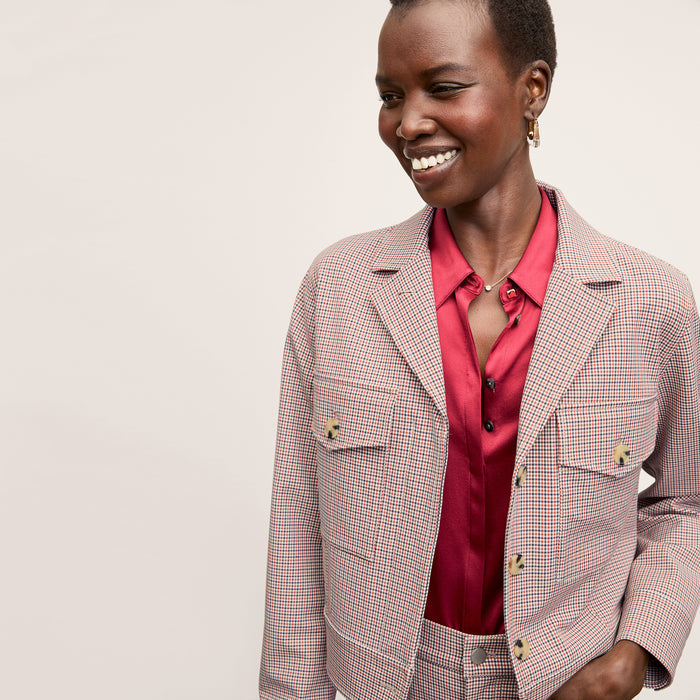Front image of a woman wearing the Rhoda Jacket in Stretch Twill Mini Check | Lead
