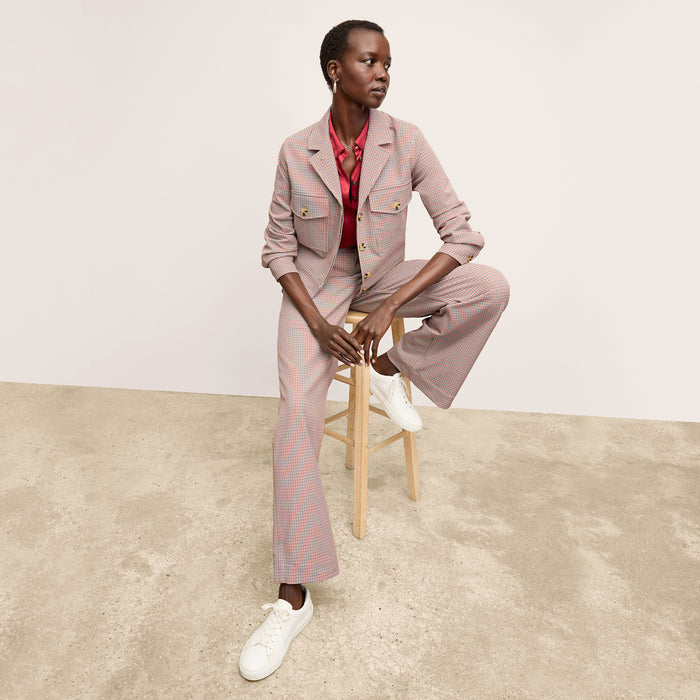 Front image of a woman wearing the Rhoda Jacket in Stretch Twill Mini Check