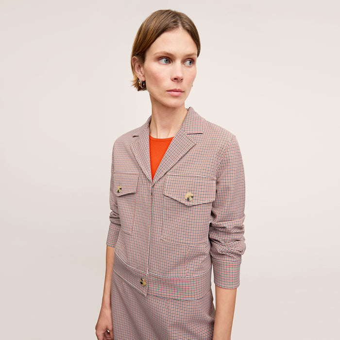 Front image of a woman wearing the Rhoda Jacket in Stretch Twill Mini Check
