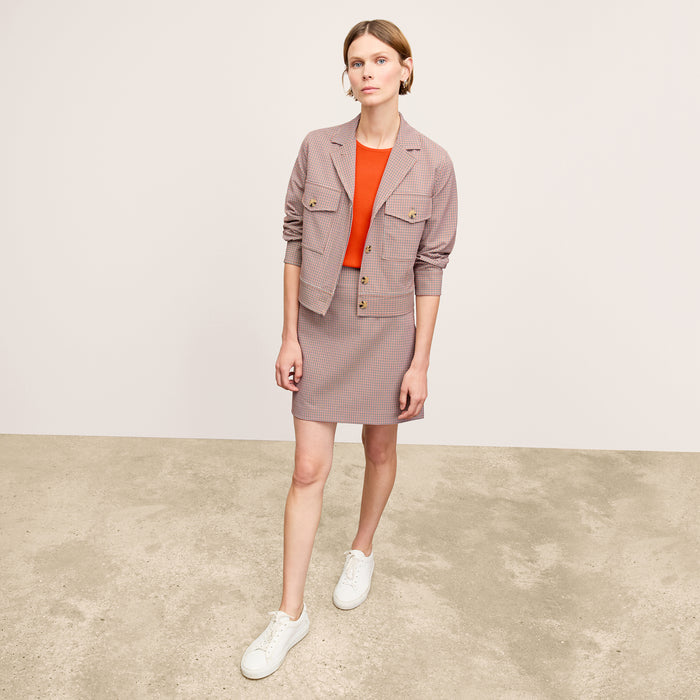 Front image of a woman wearing the Rhoda Jacket in Stretch Twill Mini Check