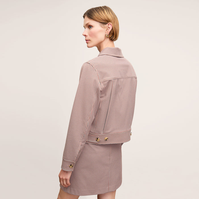 Back image of a woman wearing the Rhoda Jacket in Stretch Twill Mini Check