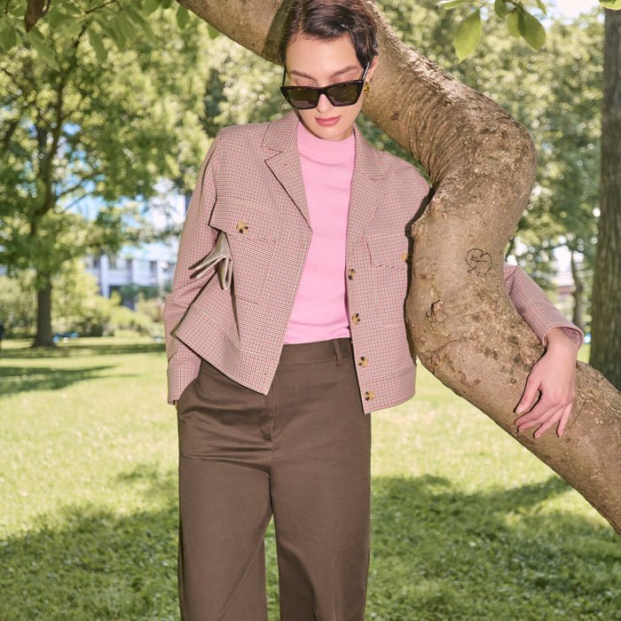 Front image of a woman wearing the Rhoda Jacket in Stretch Twill Mini Check