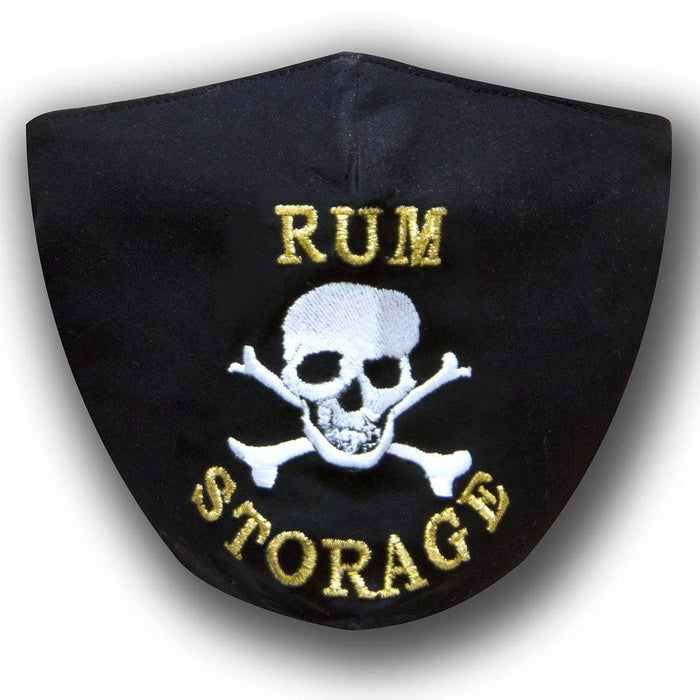Close up of Black Cotton Face Mask with silk embroidered words Rum Storage