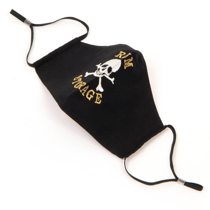 Black Cotton Face Mask with silk embroidery stating Rum Storage, adjustable straps and pocket for disposable filter