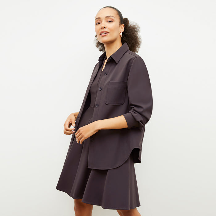 Front image of a woman wearing the ruth dress in haze