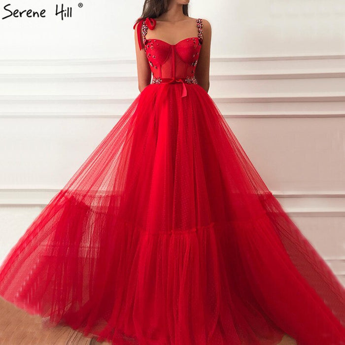 Sale Dubai Red Sleeveless Crystal Bow Evening Dresses 2025 A-Line Sexy Fashion Formal Dress Serene Hill LA60952 - SERENE HILL