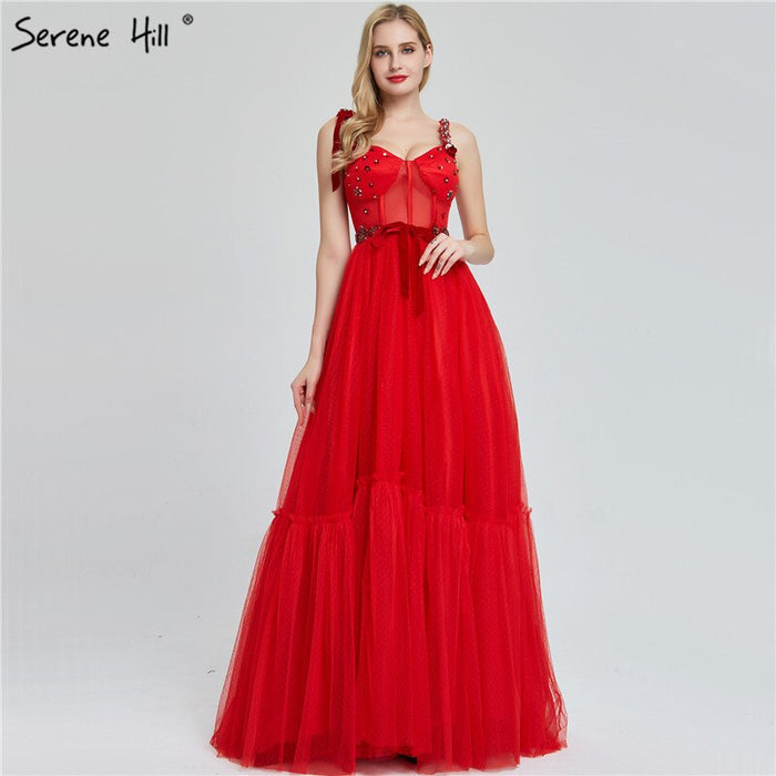 Sale Dubai Red Sleeveless Crystal Bow Evening Dresses 2025 A-Line Sexy Fashion Formal Dress Serene Hill LA60952 - SERENE HILL