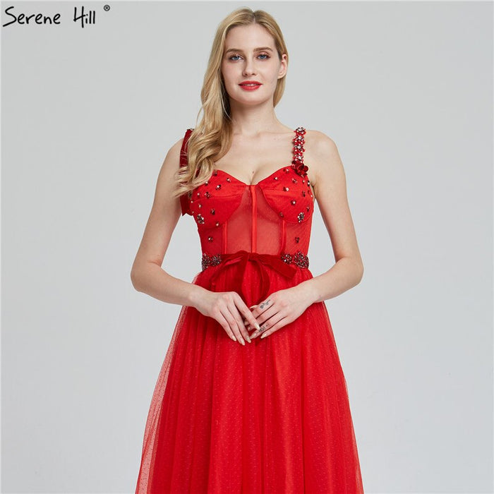 Sale Dubai Red Sleeveless Crystal Bow Evening Dresses 2025 A-Line Sexy Fashion Formal Dress Serene Hill LA60952 - SERENE HILL