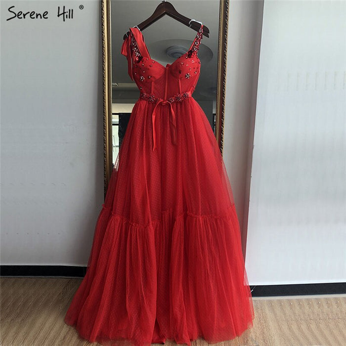 Sale Dubai Red Sleeveless Crystal Bow Evening Dresses 2025 A-Line Sexy Fashion Formal Dress Serene Hill LA60952 - SERENE HILL