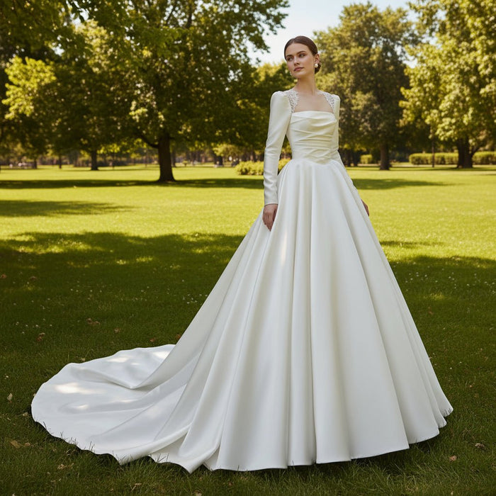 Satin A-Line Long Sleeve Bridal Wedding Dress - Rosymae