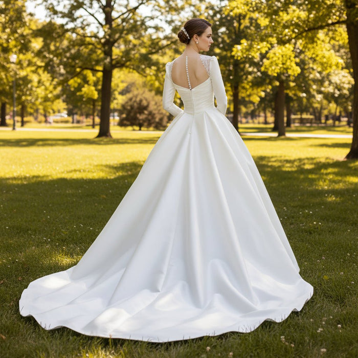 Satin A-Line Long Sleeve Bridal Wedding Dress - Rosymae