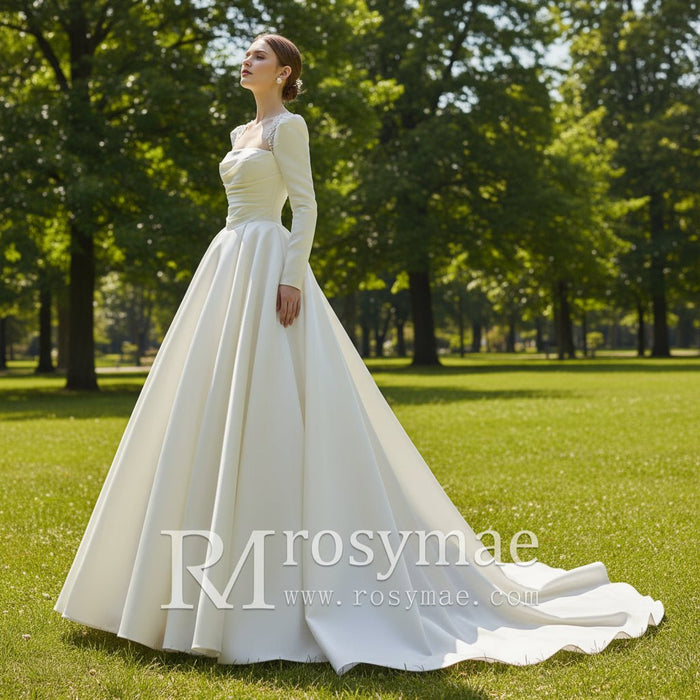Satin A-Line Long Sleeve Bridal Wedding Dress - Rosymae