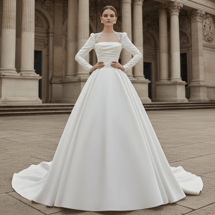 Satin A-Line Long Sleeve Bridal Wedding Dress - Rosymae