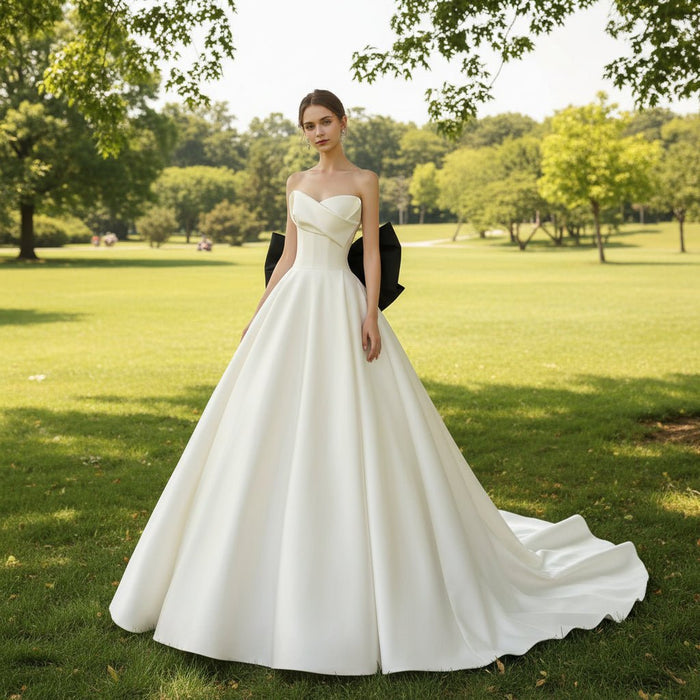 Satin Ball Gown Wedding Dress with Long Black Bow - Rosymae