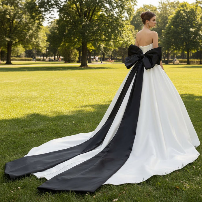 Satin Ball Gown Wedding Dress with Long Black Bow - Rosymae