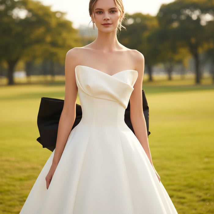 Satin Ball Gown Wedding Dress with Long Black Bow - Rosymae