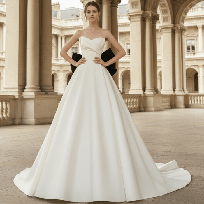 Satin Ball Gown Wedding Dress with Long Black Bow - Rosymae