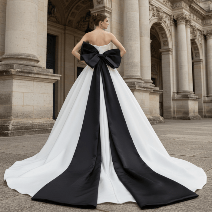 Satin Ball Gown Wedding Dress with Long Black Bow - Rosymae