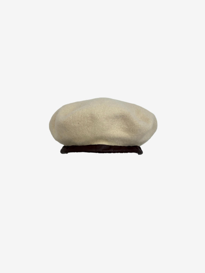 SD Cream Beret with Brown Leather Trim