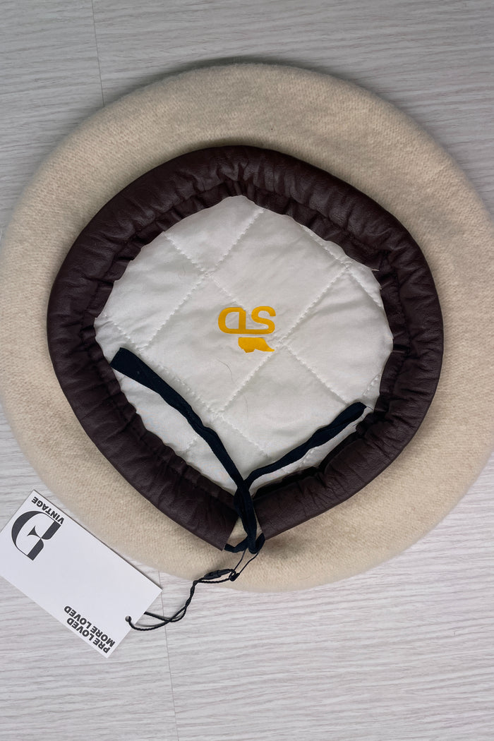 SD Cream Beret with Brown Leather Trim image 2