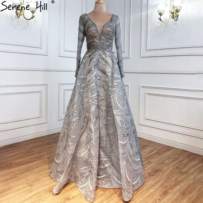 Serene Hill Grey A-Line Luxury Evening Dresses Gowns 2025 Lace Beaded Crystal Sexy For Woman Party LA71171 - SERENE HILL