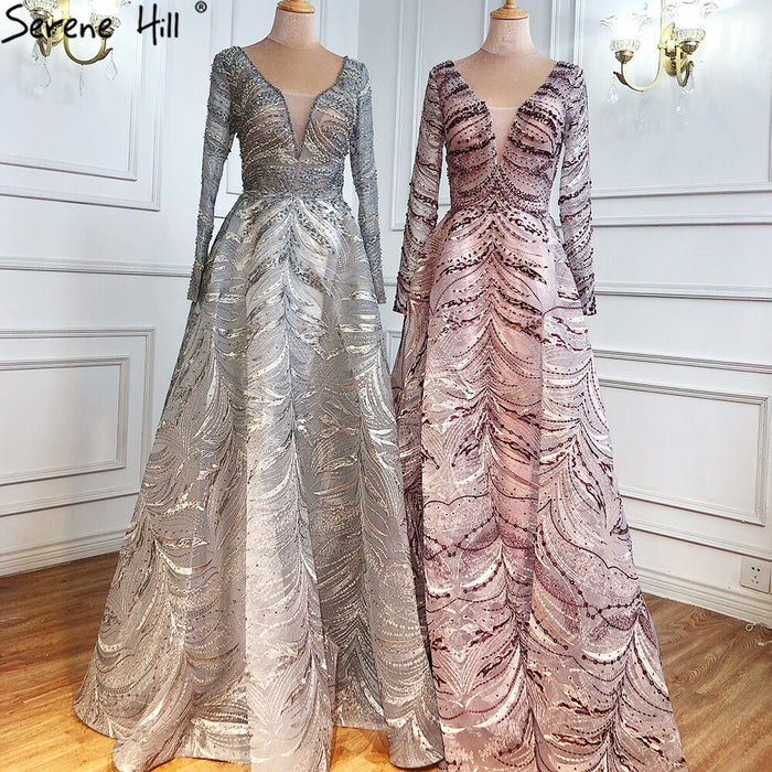Serene Hill Grey A-Line Luxury Evening Dresses Gowns 2025 Lace Beaded Crystal Sexy For Woman Party LA71171 - SERENE HILL