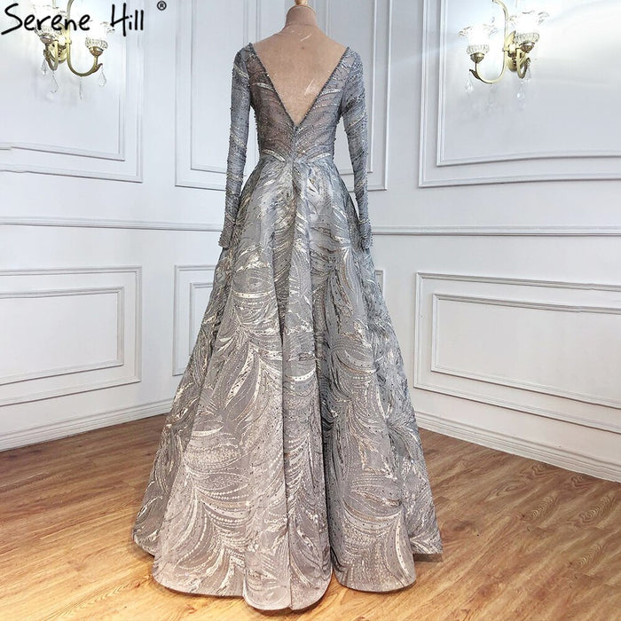 Serene Hill Grey A-Line Luxury Evening Dresses Gowns 2025 Lace Beaded Crystal Sexy For Woman Party LA71171 - SERENE HILL