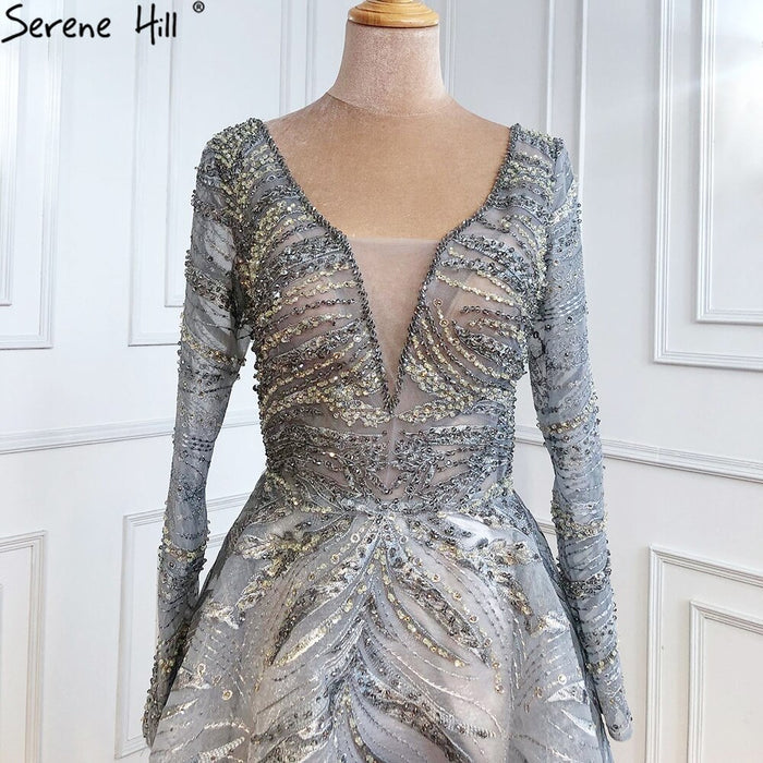 Serene Hill Grey A-Line Luxury Evening Dresses Gowns 2025 Lace Beaded Crystal Sexy For Woman Party LA71171 - SERENE HILL