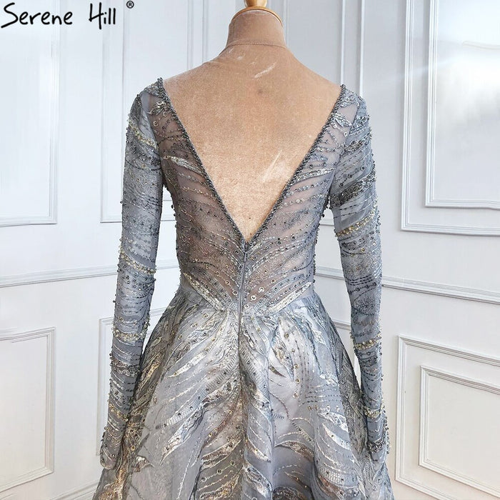 Serene Hill Grey A-Line Luxury Evening Dresses Gowns 2025 Lace Beaded Crystal Sexy For Woman Party LA71171 - SERENE HILL
