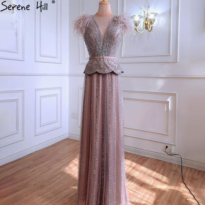 Serene Hill Meat Pink Luxury Evening Dresses Gowns 2025 Beading Feathers A-Line For Women Party LA70929 - SERENE HILL