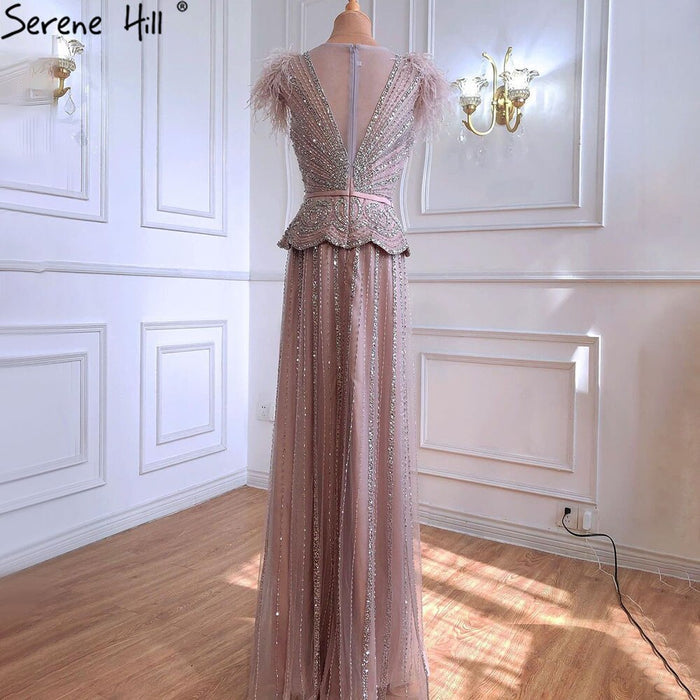 Serene Hill Meat Pink Luxury Evening Dresses Gowns 2025 Beading Feathers A-Line For Women Party LA70929 - SERENE HILL