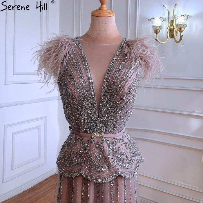 Serene Hill Meat Pink Luxury Evening Dresses Gowns 2025 Beading Feathers A-Line For Women Party LA70929 - SERENE HILL