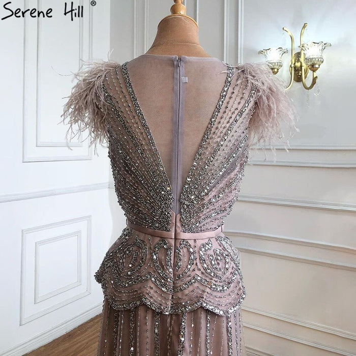 Serene Hill Meat Pink Luxury Evening Dresses Gowns 2025 Beading Feathers A-Line For Women Party LA70929 - SERENE HILL