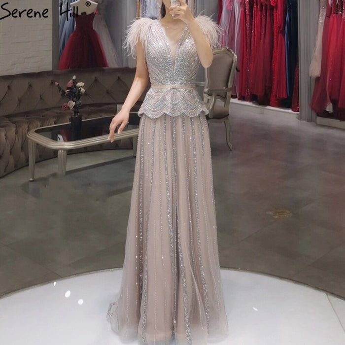 Serene Hill Meat Pink Luxury Evening Dresses Gowns 2025 Beading Feathers A-Line For Women Party LA70929 - SERENE HILL