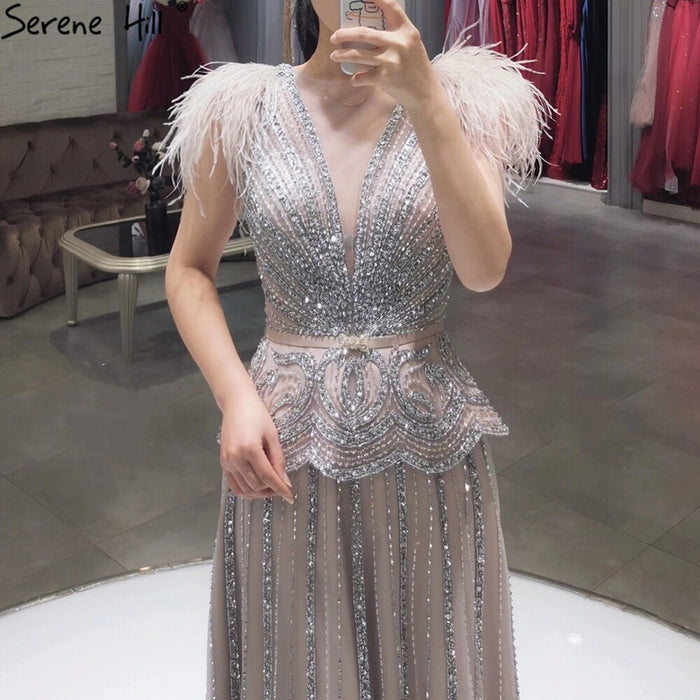 Serene Hill Meat Pink Luxury Evening Dresses Gowns 2025 Beading Feathers A-Line For Women Party LA70929 - SERENE HILL