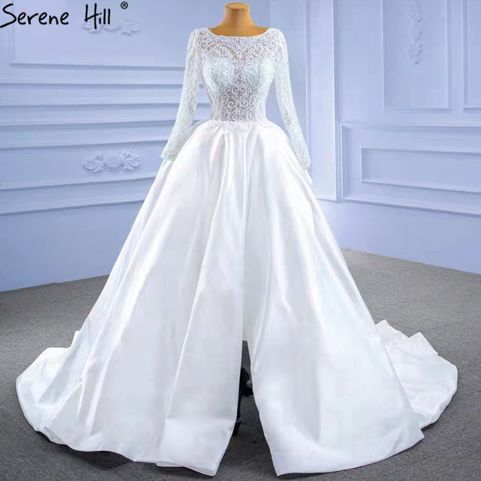 Serene Hill White Satin High Split Wedding Dresses 2025 A-Line Lace Beaded Bride Gowns HM67292 Custom Made - SERENE HILL