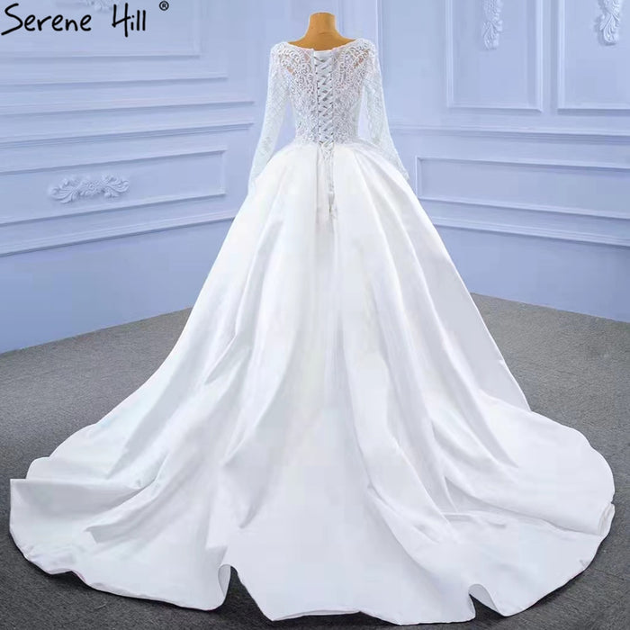 Serene Hill White Satin High Split Wedding Dresses 2025 A-Line Lace Beaded Bride Gowns HM67292 Custom Made - SERENE HILL