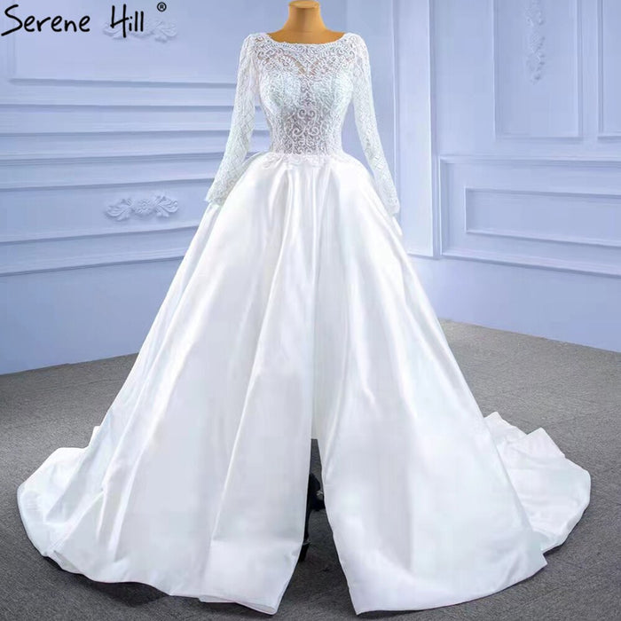 Serene Hill White Satin High Split Wedding Dresses 2025 A-Line Lace Beaded Bride Gowns HM67292 Custom Made - SERENE HILL