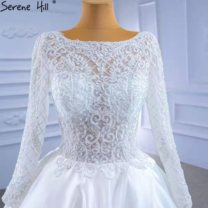 Serene Hill White Satin High Split Wedding Dresses 2025 A-Line Lace Beaded Bride Gowns HM67292 Custom Made - SERENE HILL