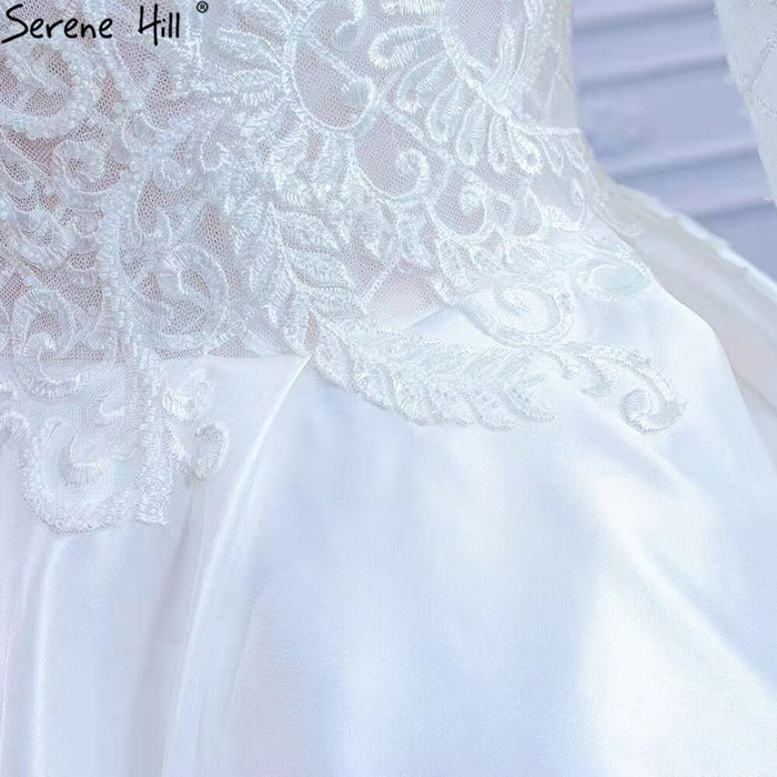 Serene Hill White Satin High Split Wedding Dresses 2025 A-Line Lace Beaded Bride Gowns HM67292 Custom Made - SERENE HILL
