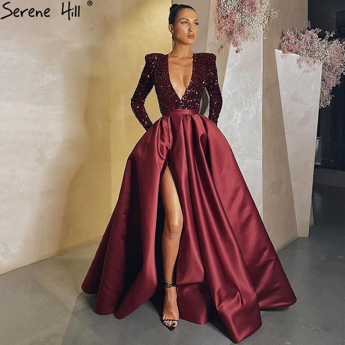 Serene Hill Wine Red High Split Evening Dresses Gowns 2025 Luxury Sparkle Mikaduo For Woman Party LA71062 - SERENE HILL